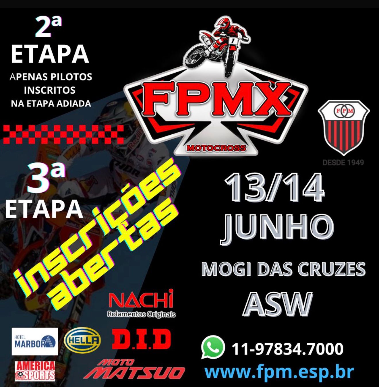 Inscrições online: 13/06/2026 e 14/06/2026  - MOGI DAS CRUZES - ASW CAMPEONATO PAULISTA FPMX MOTOCROSS 2026
